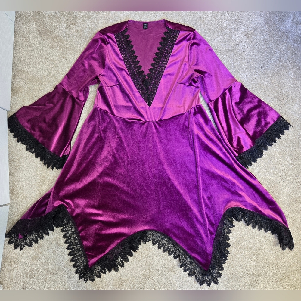 Gothic Purple Velvet Lace Trim Pixie Hem Bell Sleeve Dress XL - Picture 4 of 4